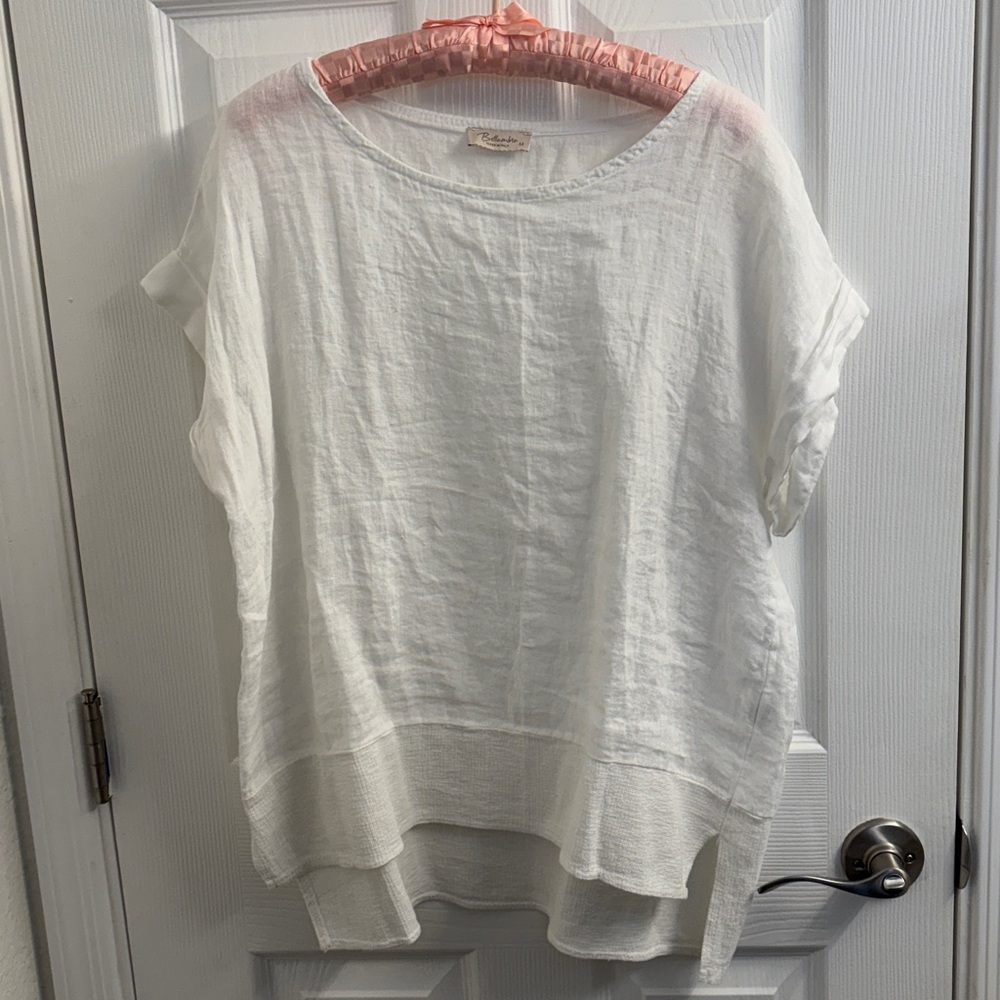 Women's BELLAMBIA White 100% Linen Short Sleeve Blouse Made in Italy Size M